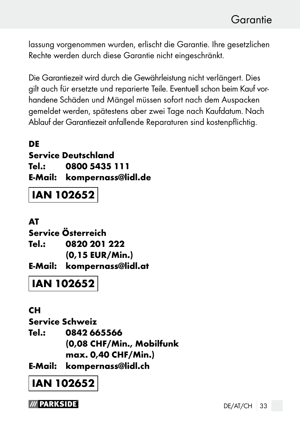 Service / garantie, Garantie | Parkside PLS 48 B1 User Manual | Page 33 / 52