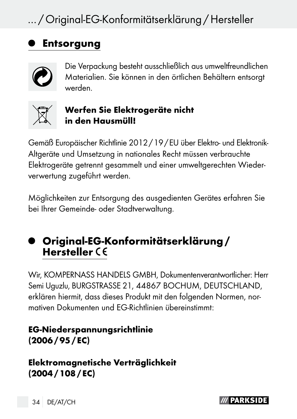 Entsorgung, Original-eg-konformitätserklärung / hersteller | Parkside PLS 48 B1 User Manual | Page 34 / 52
