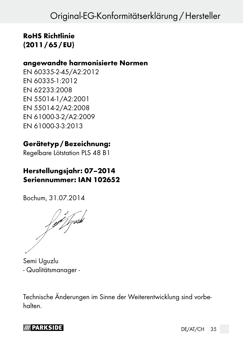 Original-eg-konformitätserklärung / hersteller | Parkside PLS 48 B1 User Manual | Page 35 / 52