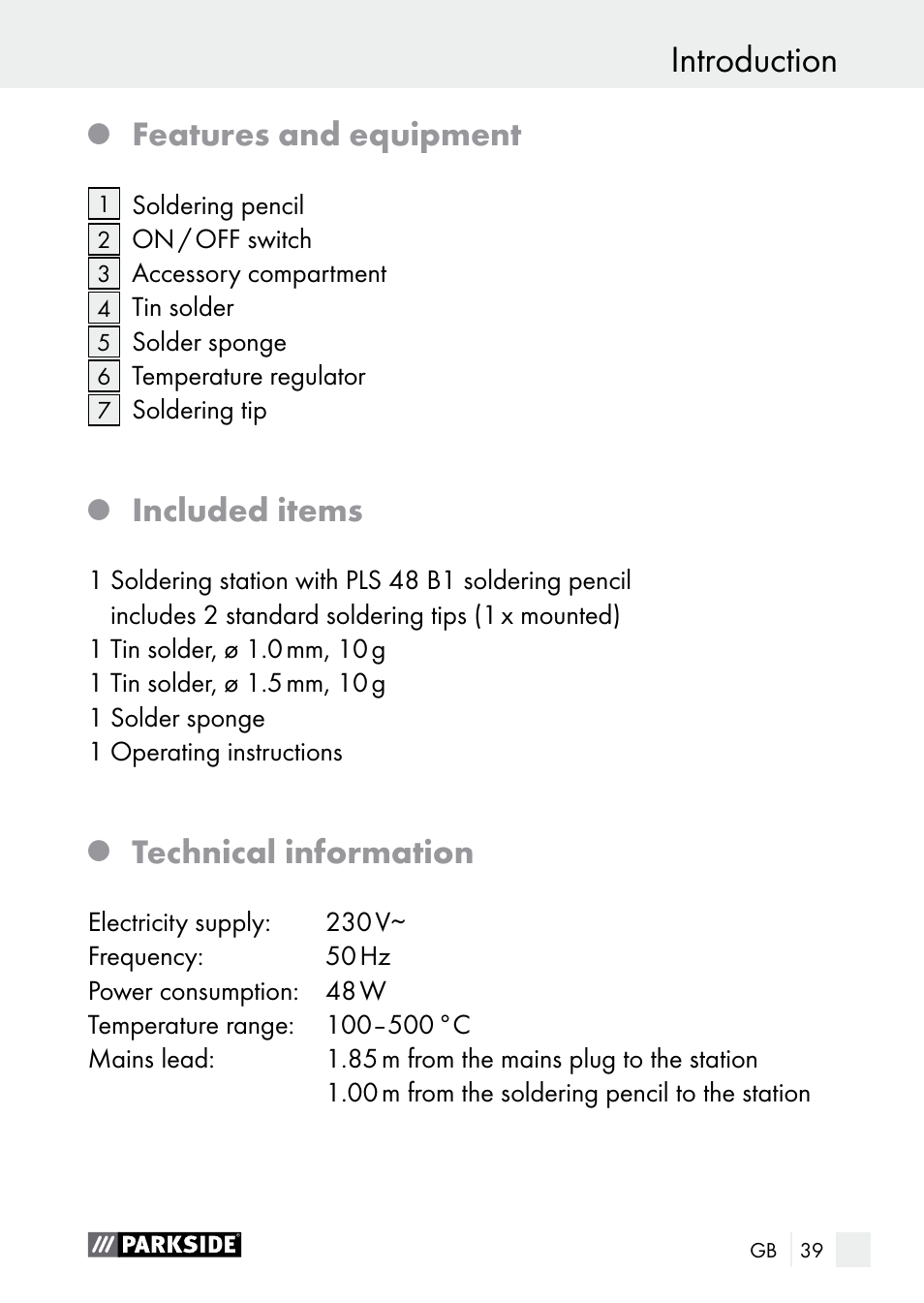 Introduction, Features and equipment, Included items | Technical information | Parkside PLS 48 B1 User Manual | Page 39 / 52
