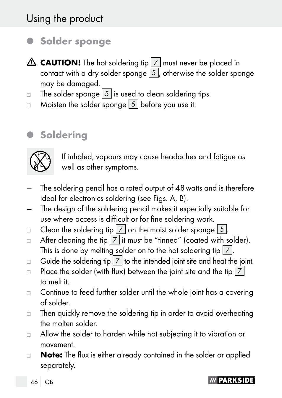 Using the product, Maintenance and cleaning / service centre, Solder sponge | Soldering | Parkside PLS 48 B1 User Manual | Page 46 / 52