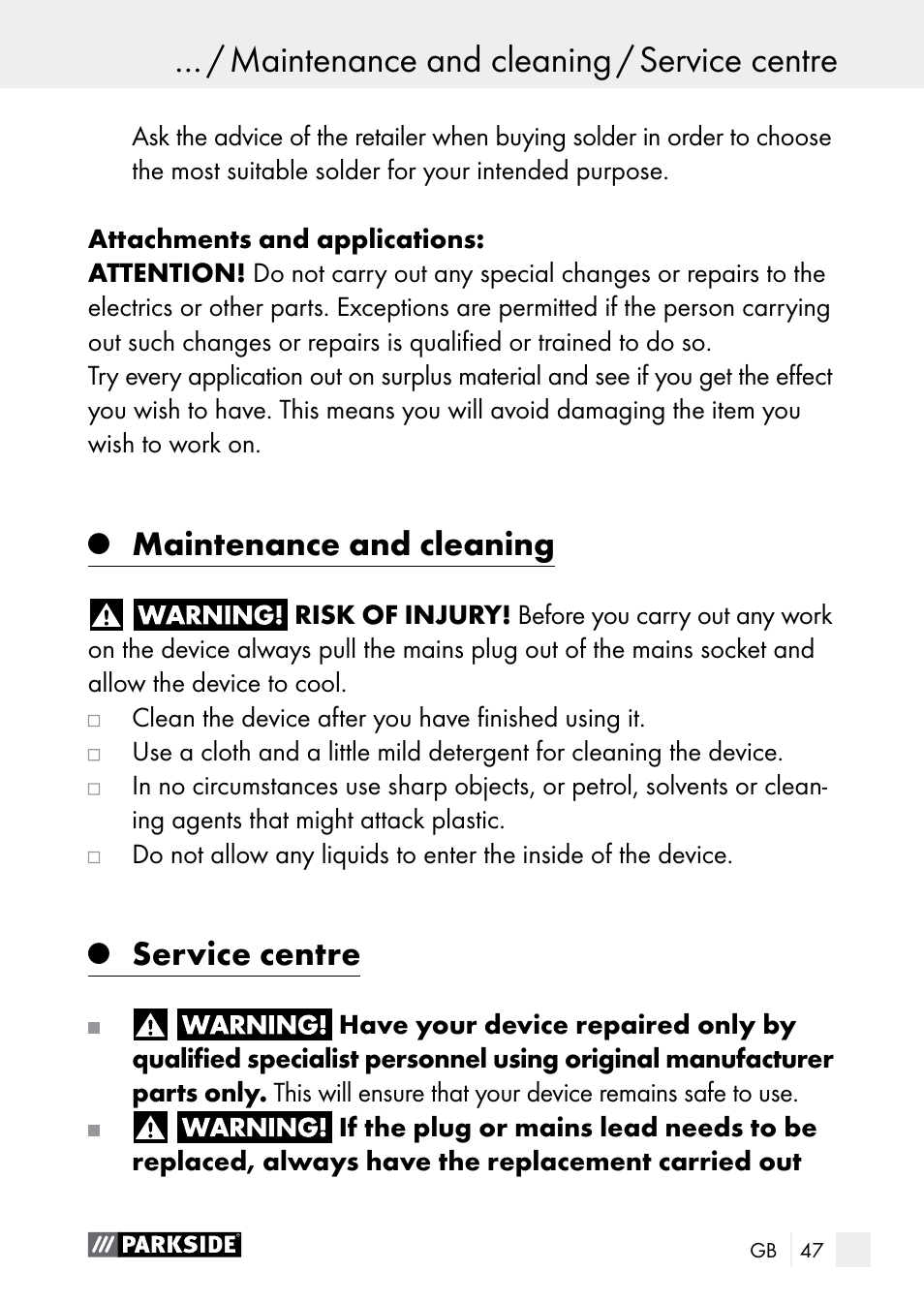 Maintenance and cleaning, Service centre | Parkside PLS 48 B1 User Manual | Page 47 / 52