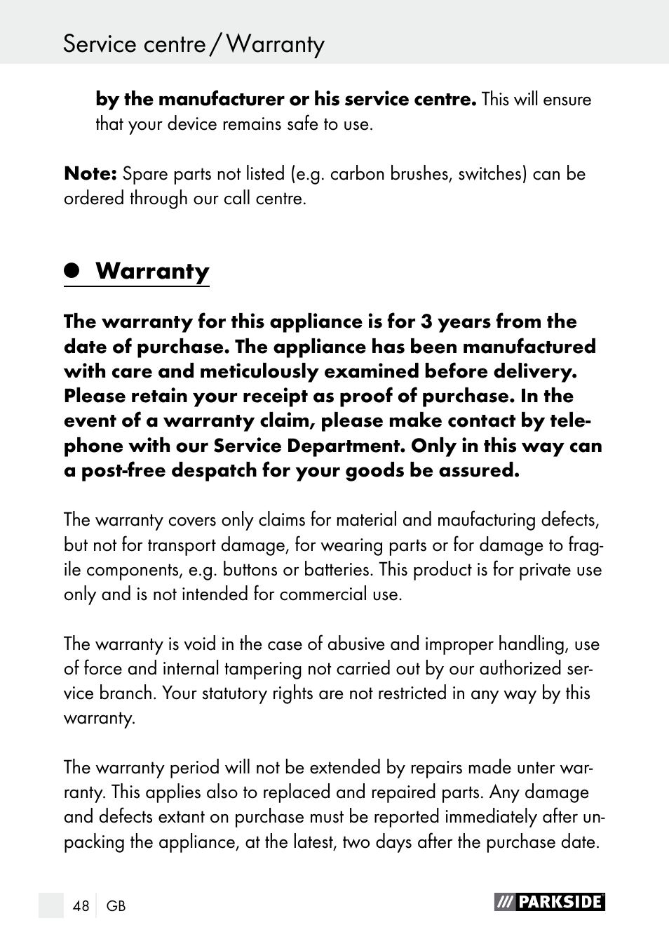 Service centre / warranty, Warranty / disposal, Warranty | Parkside PLS 48 B1 User Manual | Page 48 / 52
