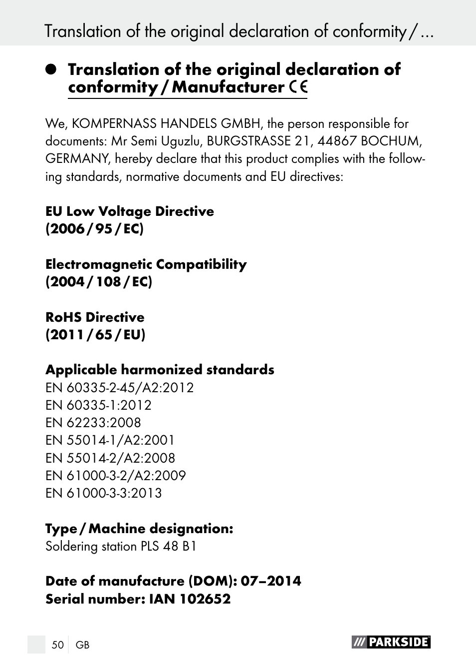Parkside PLS 48 B1 User Manual | Page 50 / 52