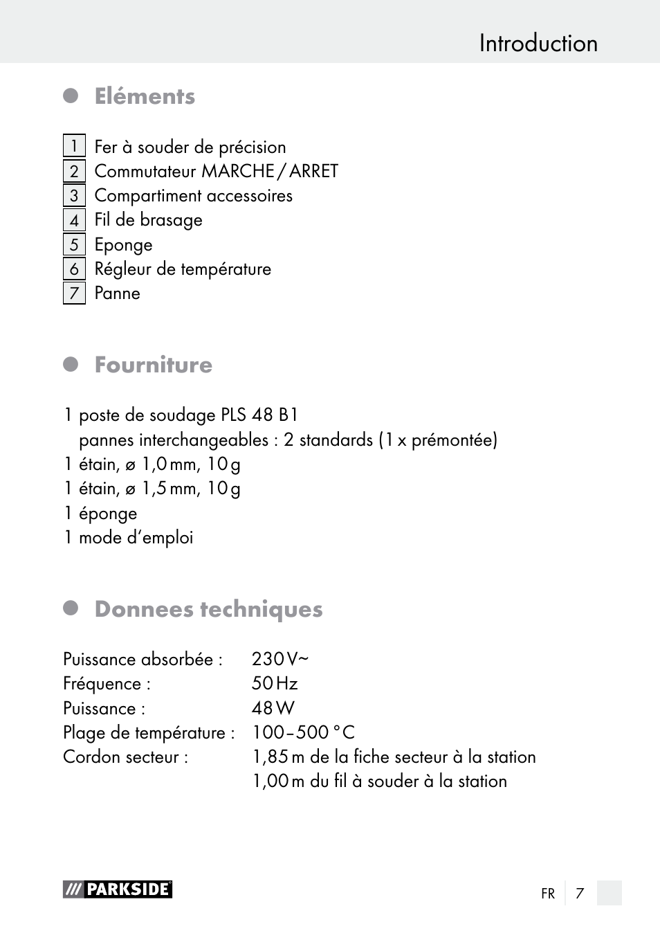 Introduction, Eléments, Fourniture | Donnees techniques | Parkside PLS 48 B1 User Manual | Page 7 / 52