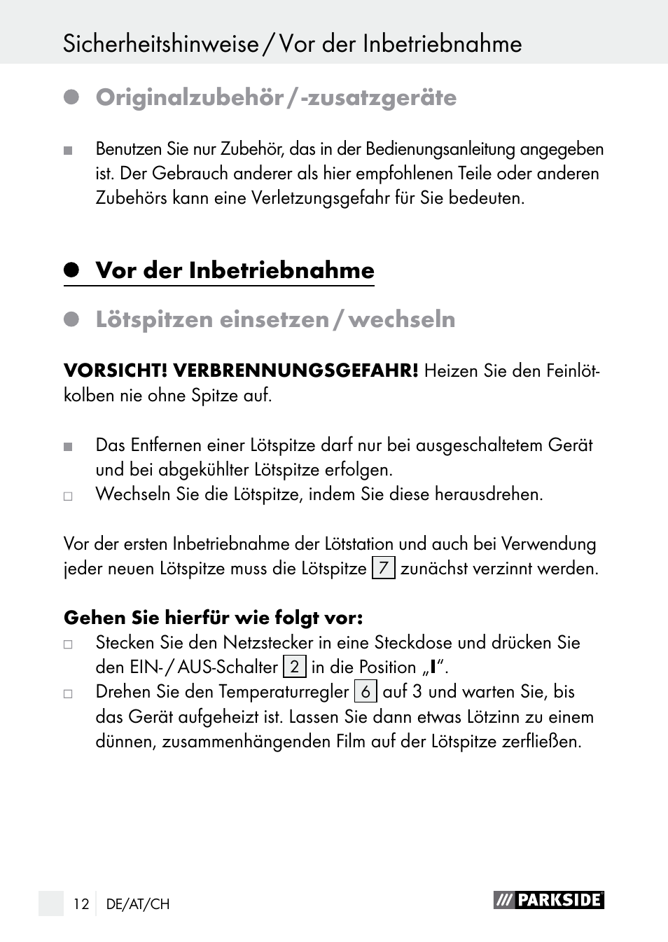 Sicherheitshinweise / vor der inbetriebnahme, Inbetriebnahme, Originalzubehör / -zusatzgeräte | Vor der inbetriebnahme, Lötspitzen einsetzen / wechseln | Parkside PLS 48 B1 User Manual | Page 12 / 68