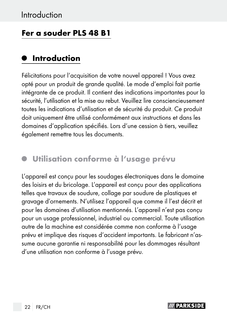 Introduction, Fer a souder pls 48 b1, Utilisation conforme à l‘usage prévu | Parkside PLS 48 B1 User Manual | Page 22 / 68