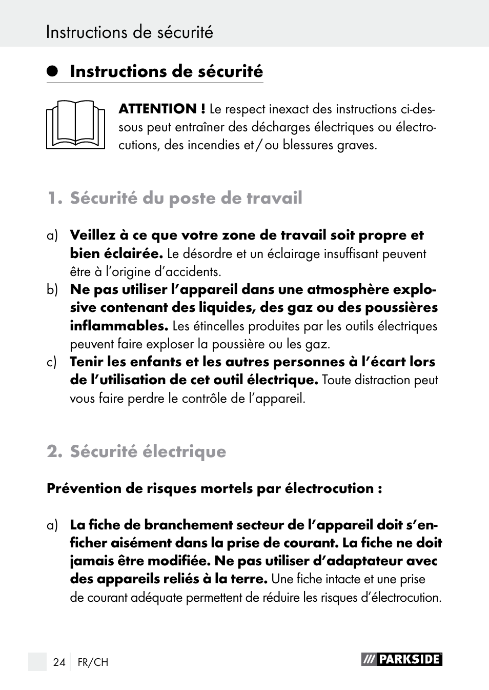 Instructions de sécurité, Sécurité du poste de travail, Sécurité électrique | Parkside PLS 48 B1 User Manual | Page 24 / 68