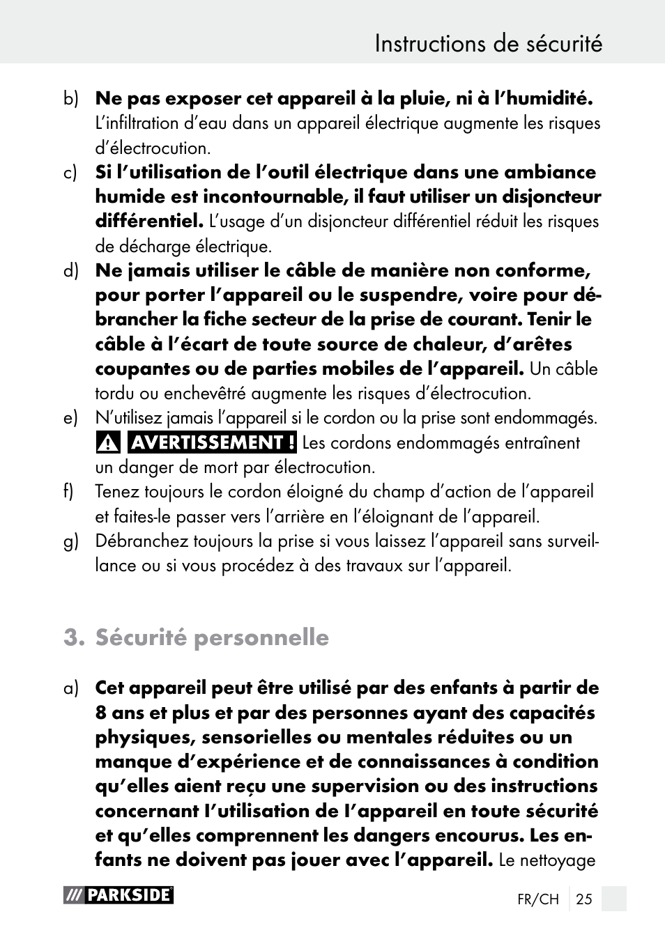 Instructions de sécurité, Sécurité personnelle | Parkside PLS 48 B1 User Manual | Page 25 / 68