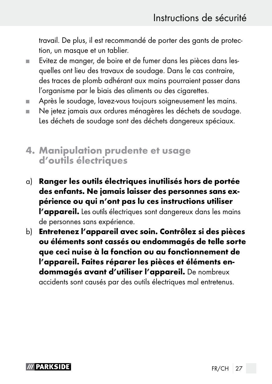 Instructions de sécurité | Parkside PLS 48 B1 User Manual | Page 27 / 68