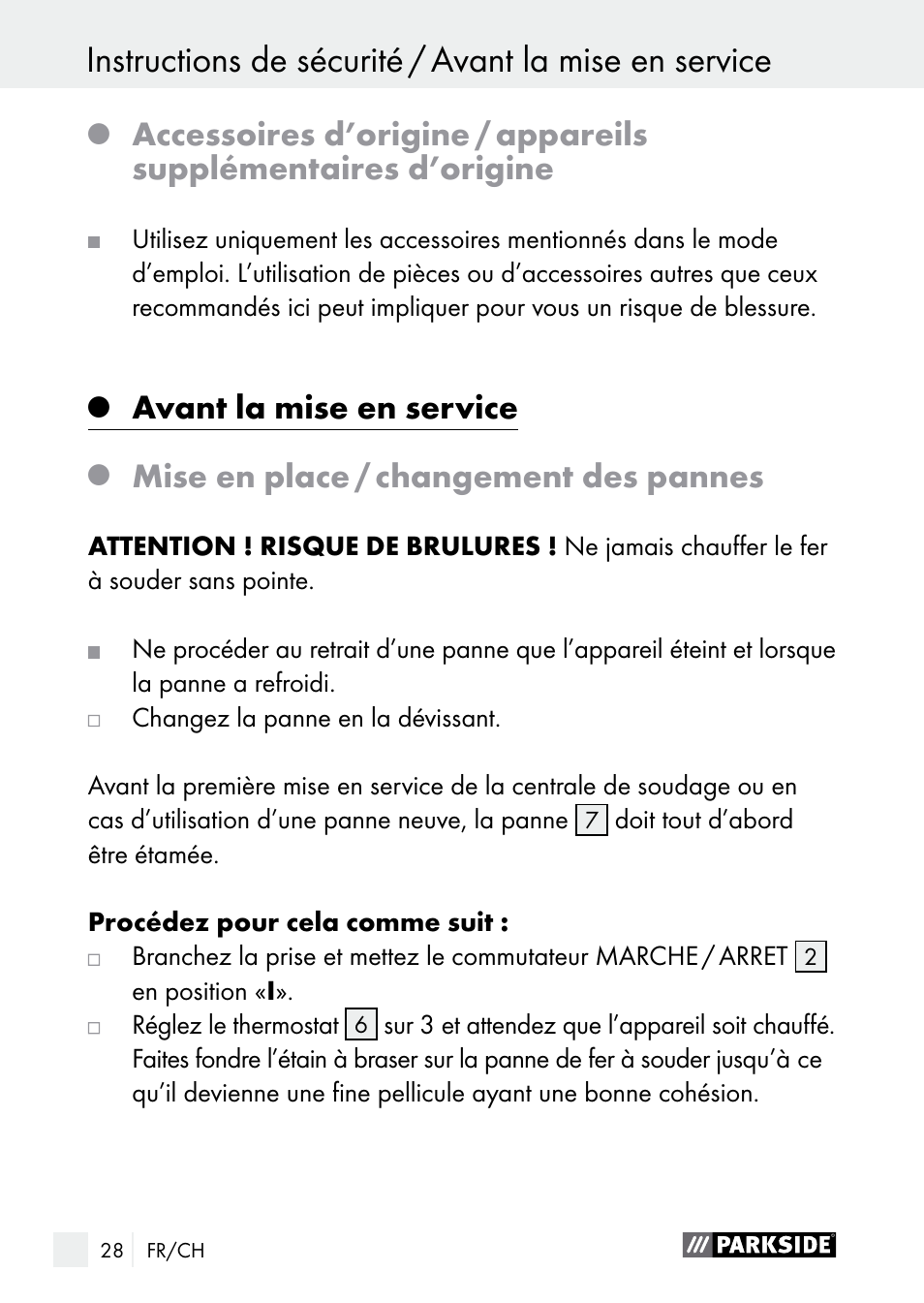 Avant la mise en service, Mise en place / changement des pannes | Parkside PLS 48 B1 User Manual | Page 28 / 68