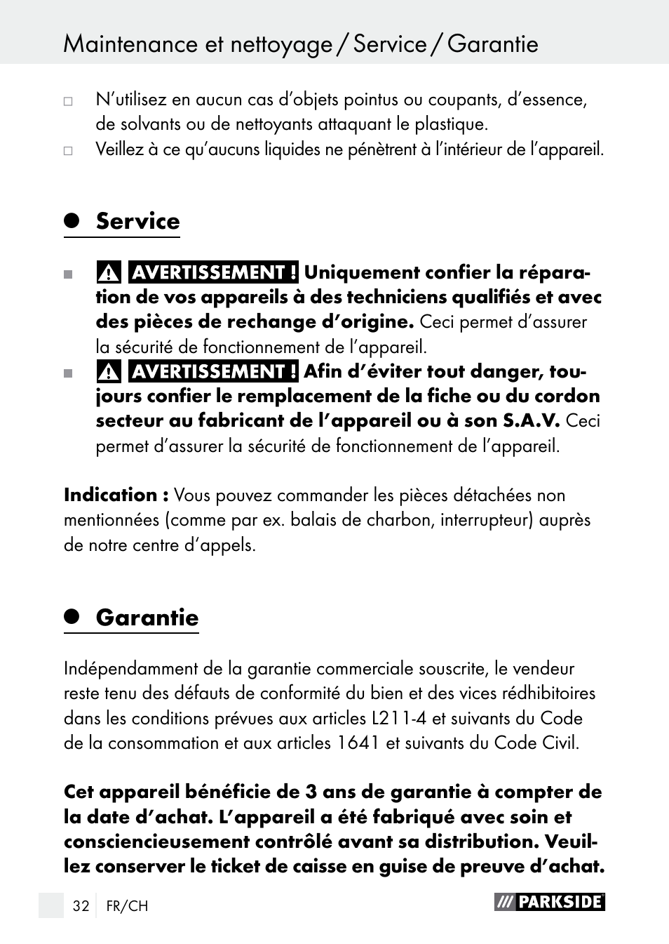 Service, Garantie | Parkside PLS 48 B1 User Manual | Page 32 / 68