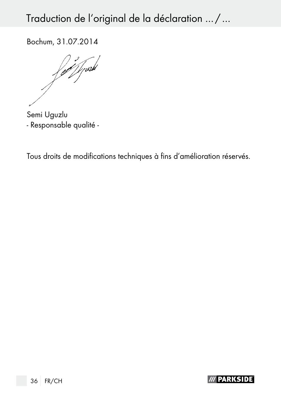 Traduction de l‘original de la déclaration, Indice | Parkside PLS 48 B1 User Manual | Page 36 / 68