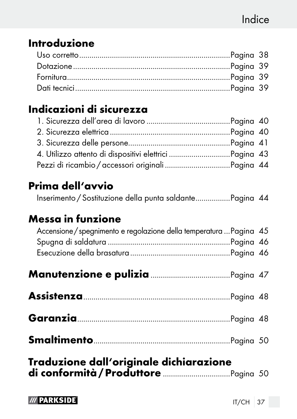 Traduction de l‘original de la déclaration, Indice | Parkside PLS 48 B1 User Manual | Page 37 / 68