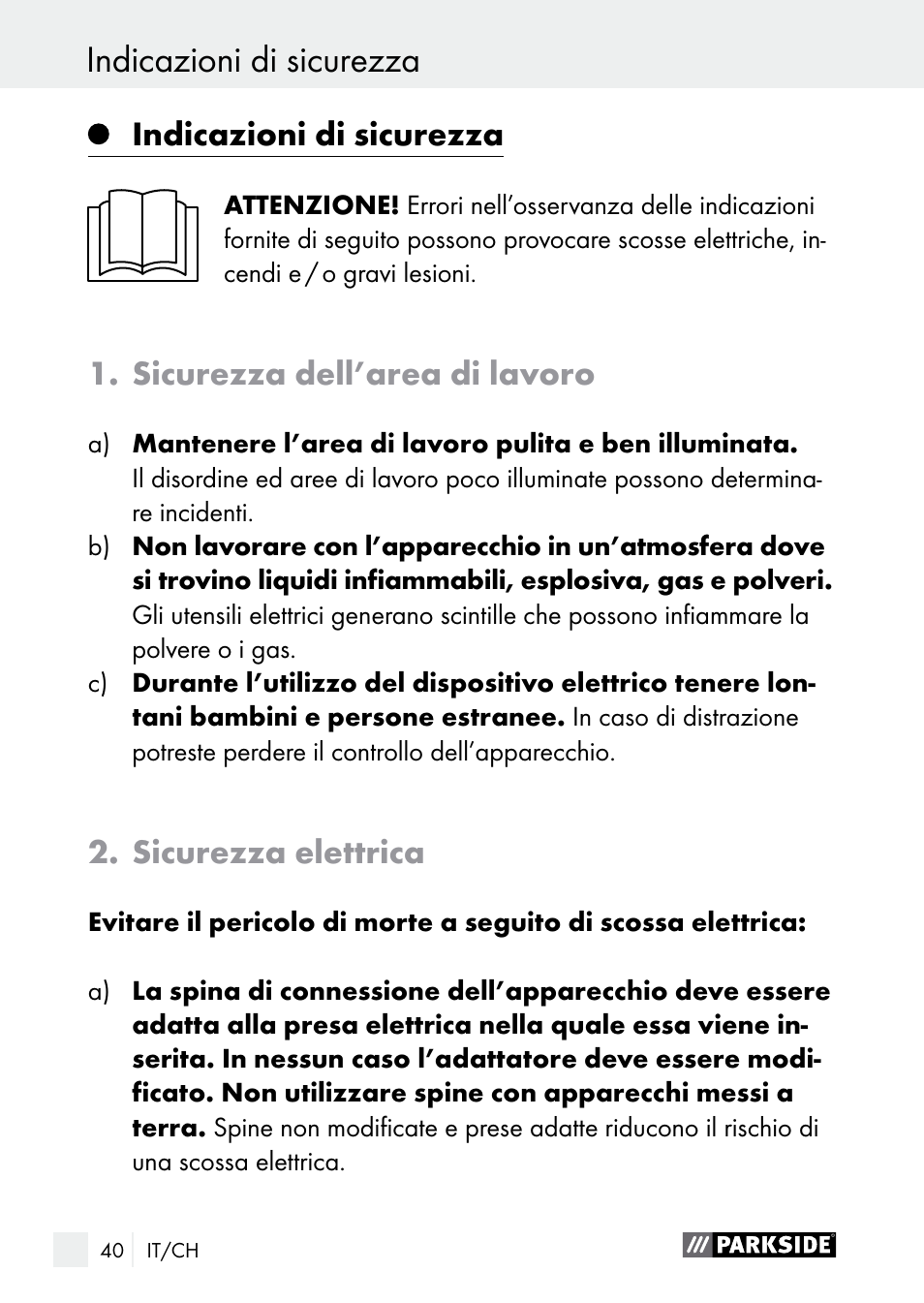 Indicazioni di sicurezza, Sicurezza dell’area di lavoro, Sicurezza elettrica | Parkside PLS 48 B1 User Manual | Page 40 / 68