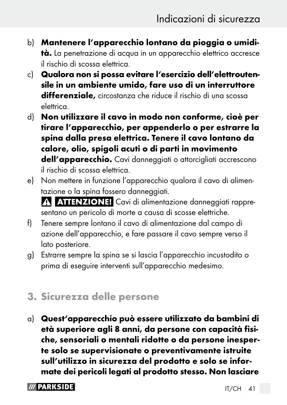 Indicazioni di sicurezza, Sicurezza delle persone | Parkside PLS 48 B1 User Manual | Page 41 / 68