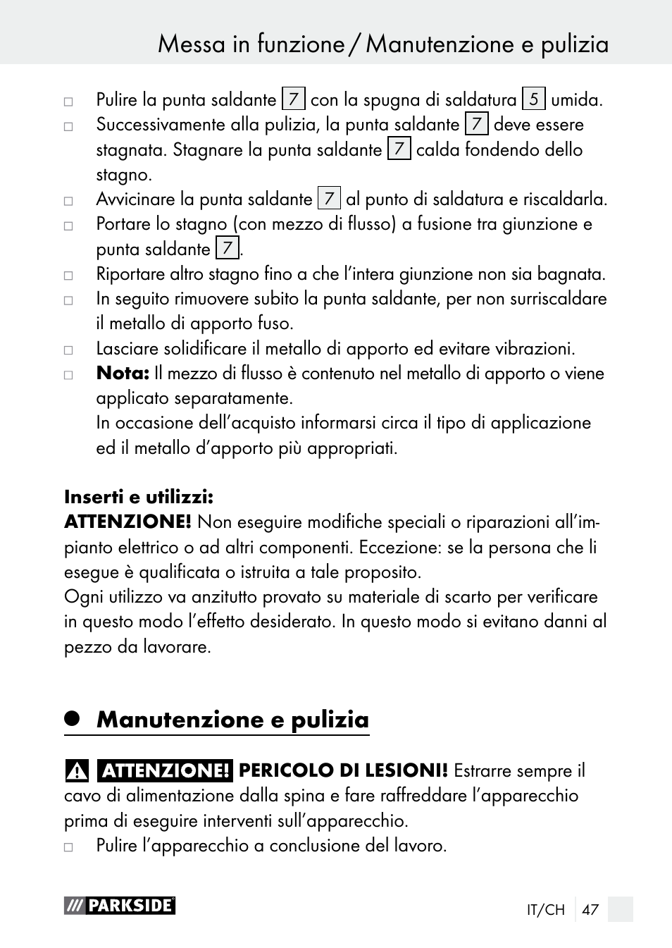 Messa in funzione / manutenzione e pulizia, Manutenzione e pulizia | Parkside PLS 48 B1 User Manual | Page 47 / 68