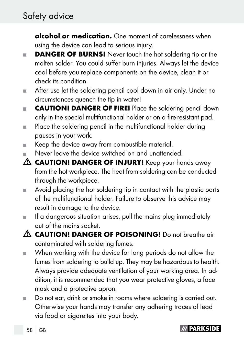 Safety advice | Parkside PLS 48 B1 User Manual | Page 58 / 68