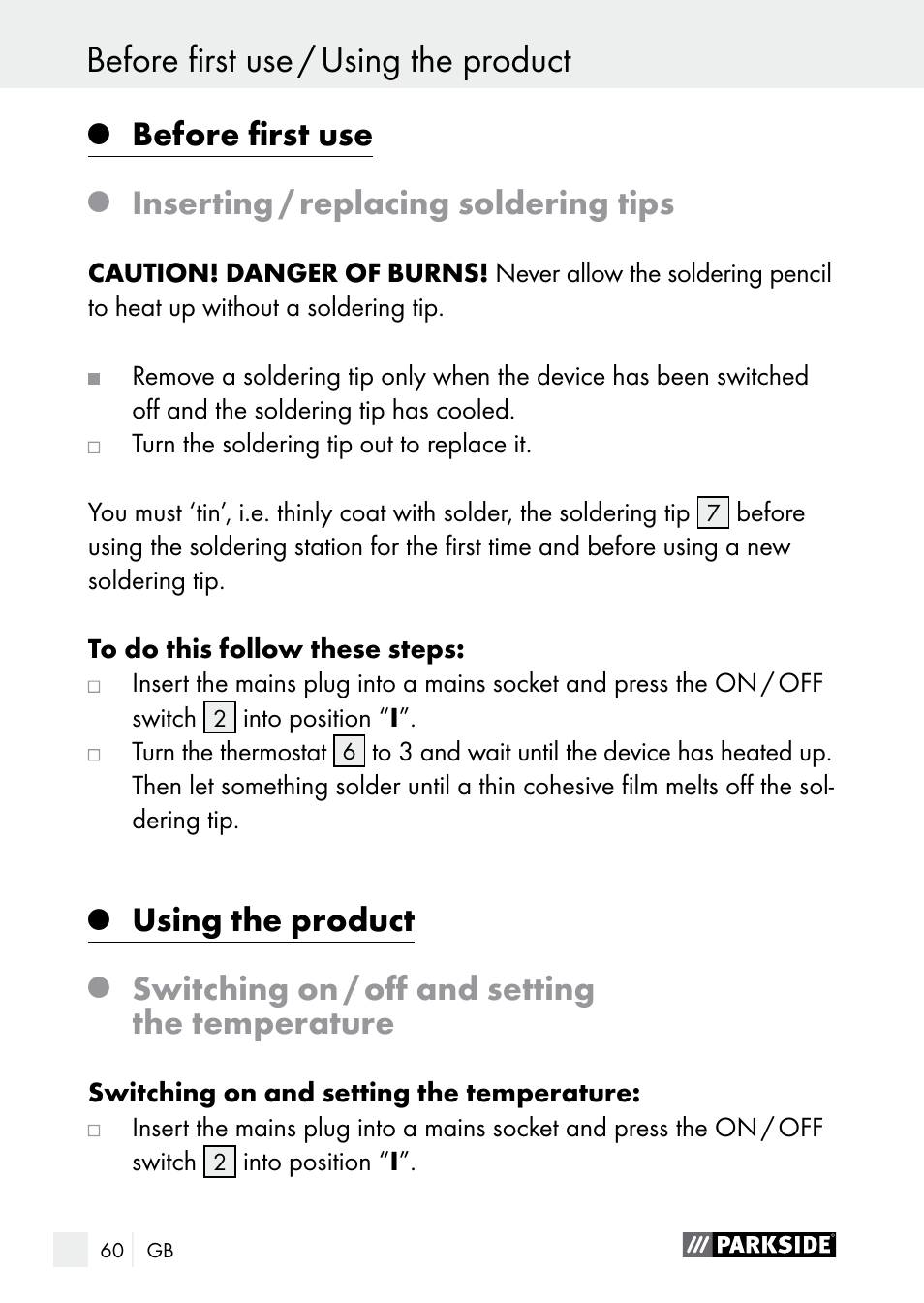 Before first use / using the product, Before first use, Inserting / replacing soldering tips | Using the product, Switching on / off and setting the temperature | Parkside PLS 48 B1 User Manual | Page 60 / 68