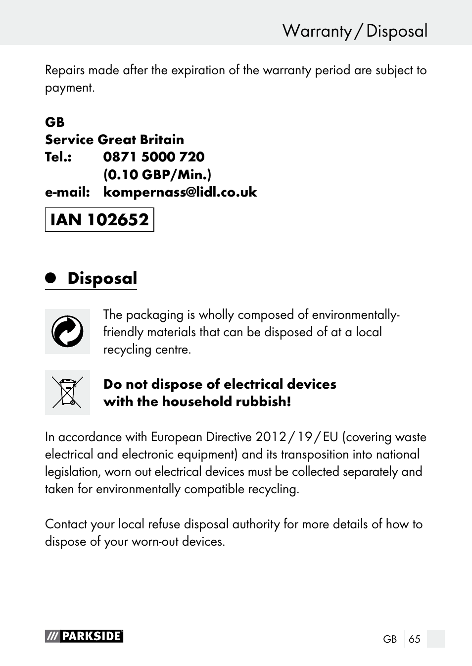 Service centre / warranty warranty / disposal, Disposal | Parkside PLS 48 B1 User Manual | Page 65 / 68