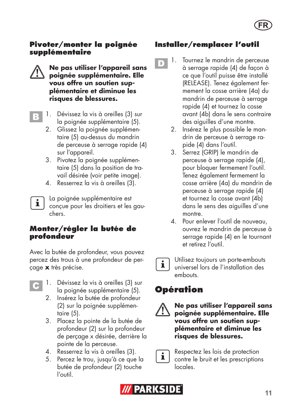 Opération | Parkside PSBM 500 B3 User Manual | Page 11 / 48