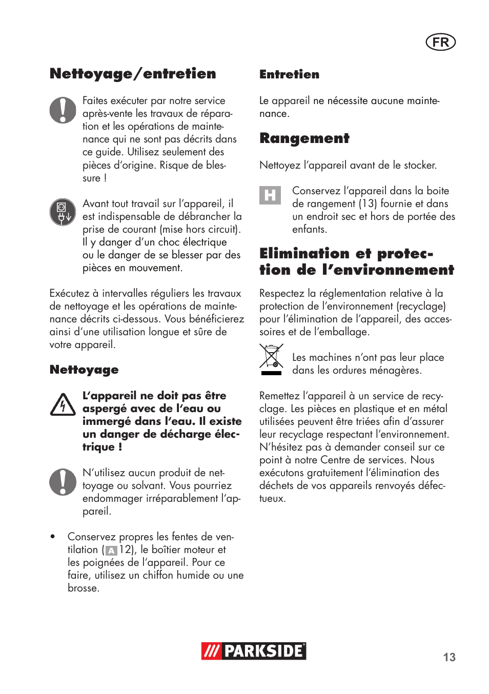 Nettoyage/entretien, Rangement, Elimination et protec- tion de l’environnement | Parkside PSBM 500 B3 User Manual | Page 13 / 48