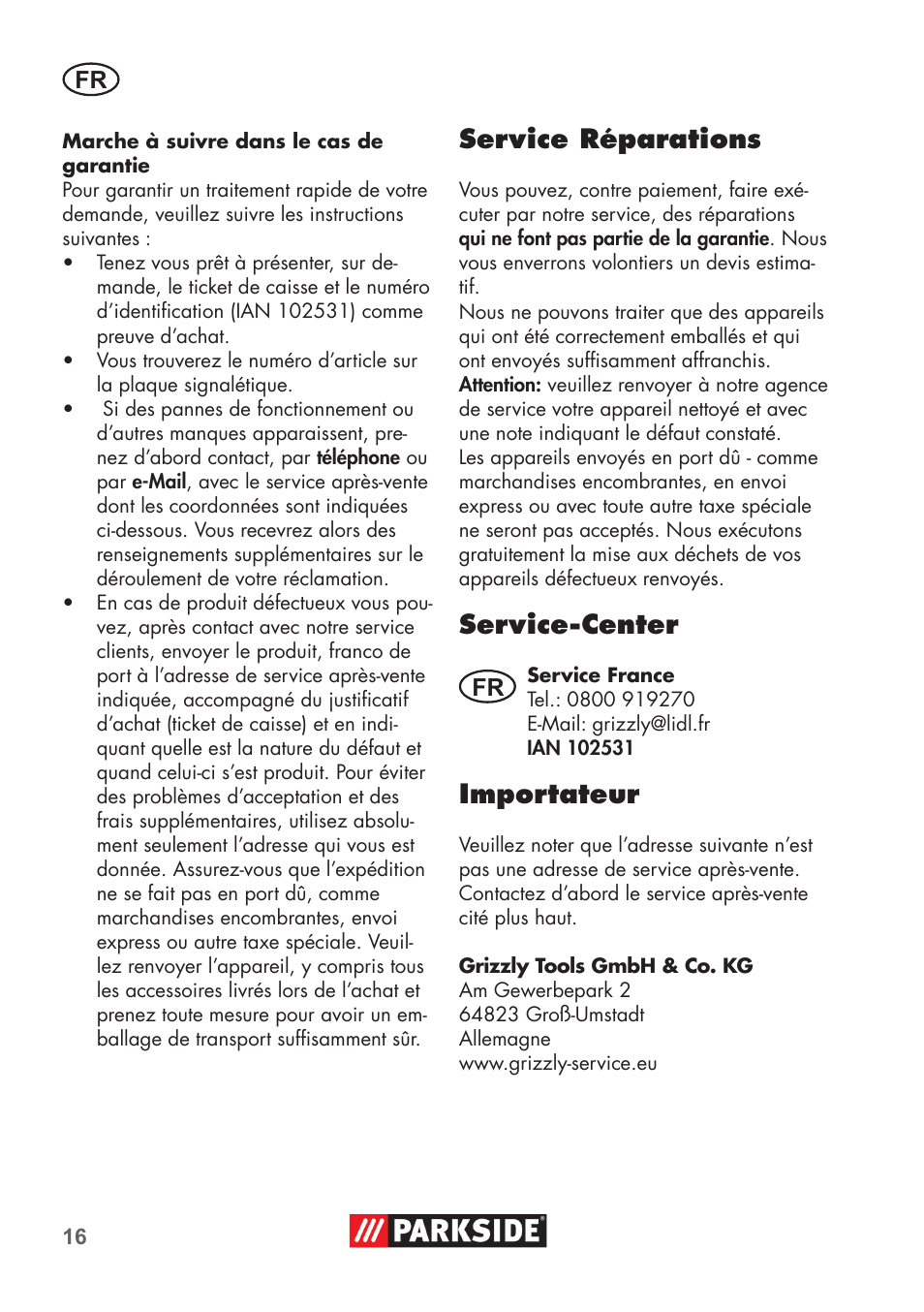 Service réparations, Service-center, Importateur | Parkside PSBM 500 B3 User Manual | Page 16 / 48