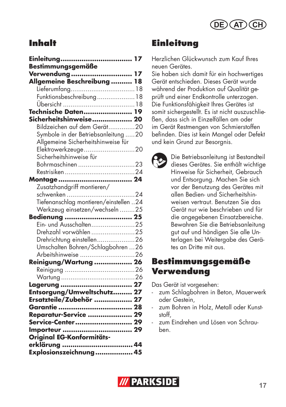 Einleitung, Bestimmungsgemäße verwendung, Inhalt | De at ch | Parkside PSBM 500 B3 User Manual | Page 17 / 48