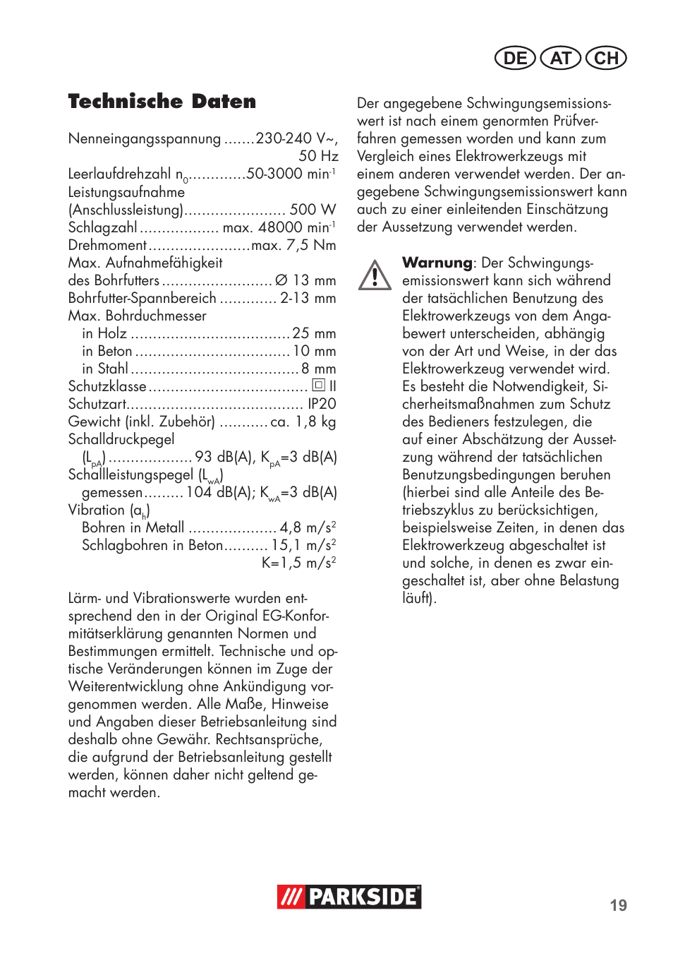 Technische daten, De at ch | Parkside PSBM 500 B3 User Manual | Page 19 / 48