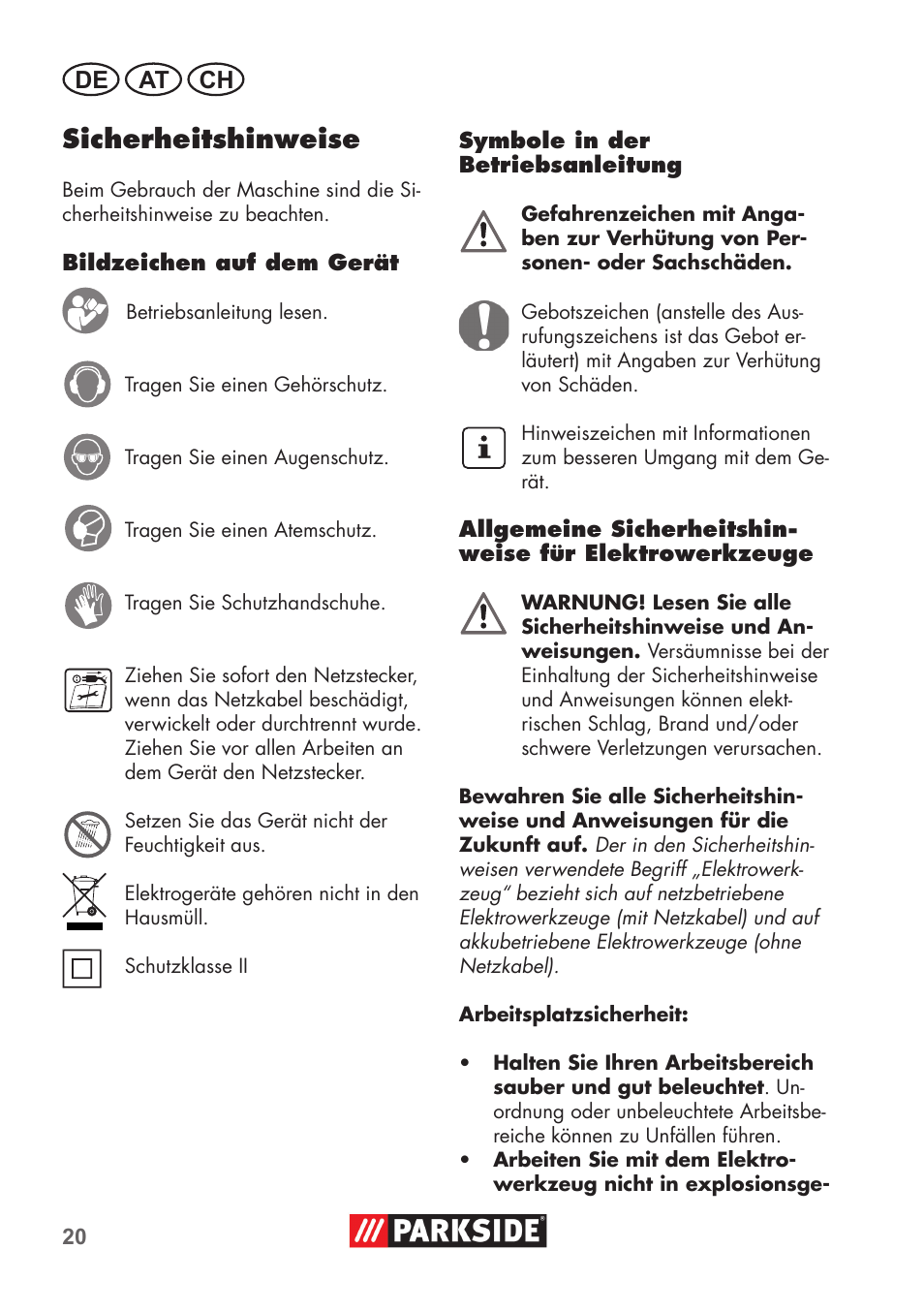 Sicherheitshinweise, De at ch | Parkside PSBM 500 B3 User Manual | Page 20 / 48