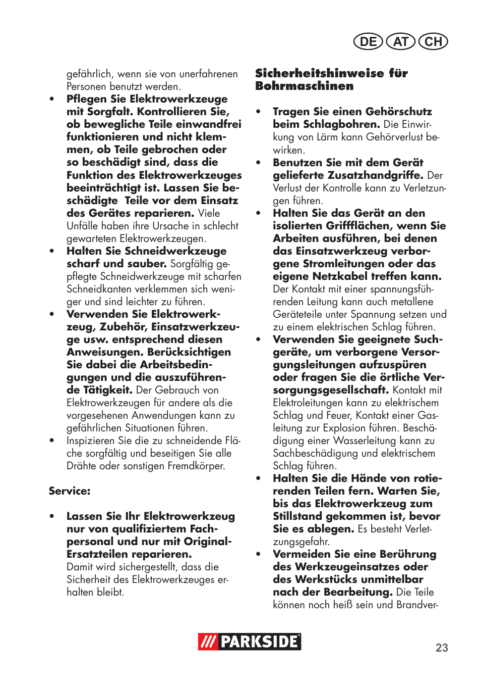 De at ch | Parkside PSBM 500 B3 User Manual | Page 23 / 48