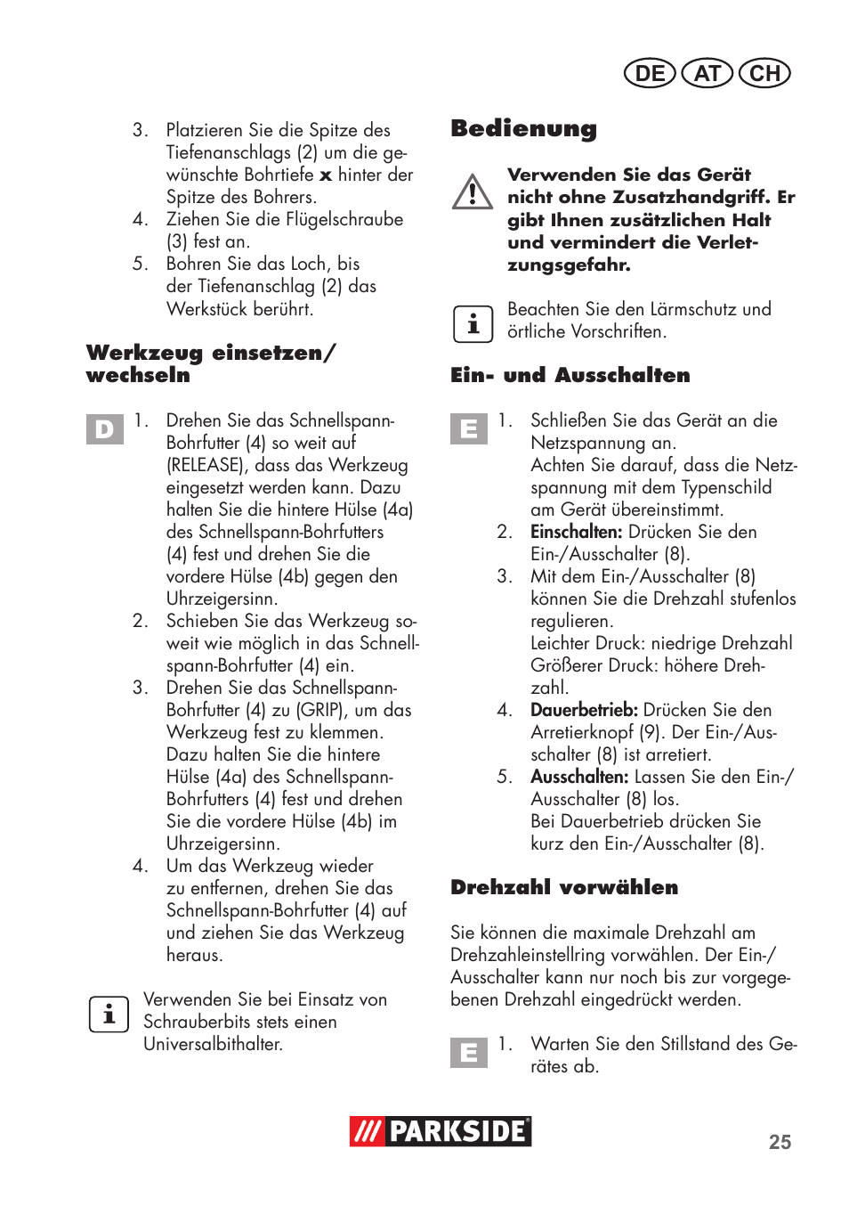 Bedienung, De at ch | Parkside PSBM 500 B3 User Manual | Page 25 / 48