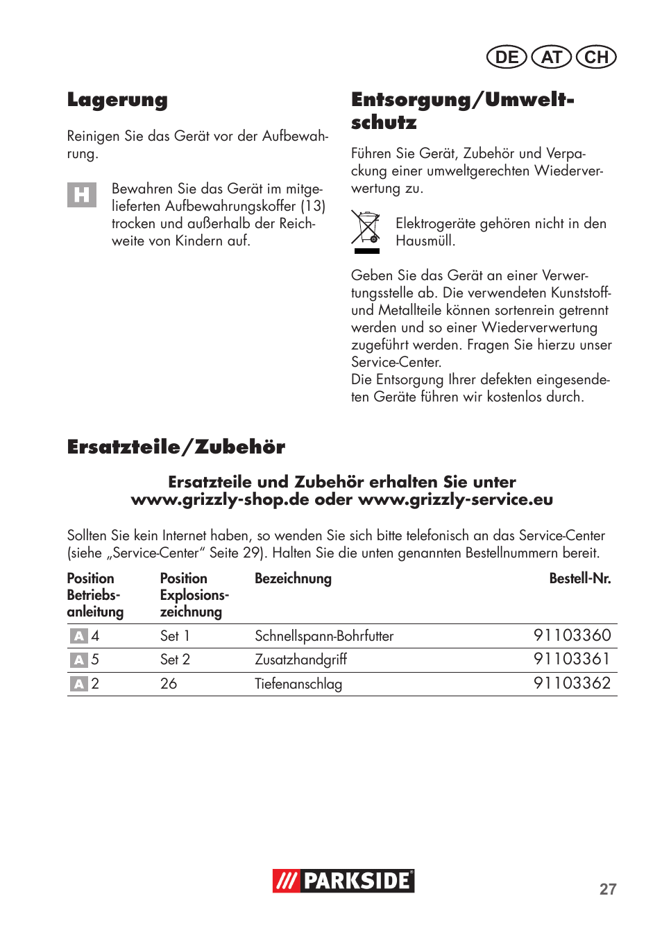 Lagerung, Entsorgung/umwelt- schutz, Ersatzteile/zubehör | Parkside PSBM 500 B3 User Manual | Page 27 / 48