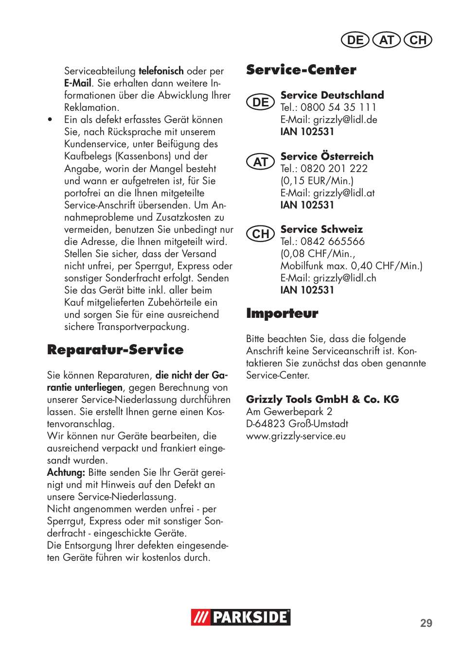 Reparatur-service, Service-center, Importeur | Parkside PSBM 500 B3 User Manual | Page 29 / 48