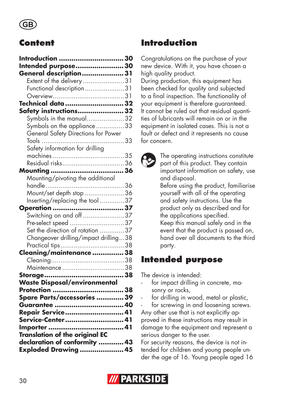 Content, Introduction, Intended purpose | Parkside PSBM 500 B3 User Manual | Page 30 / 48
