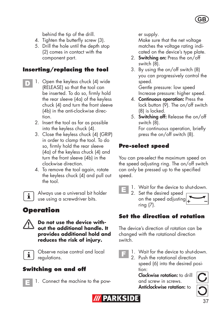 Operation | Parkside PSBM 500 B3 User Manual | Page 37 / 48