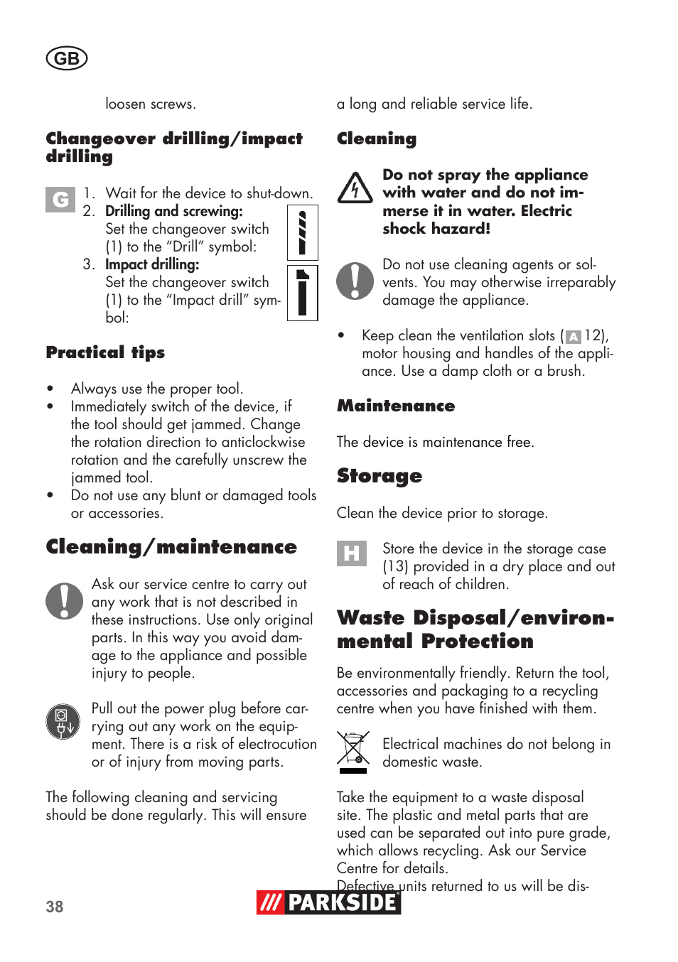 Cleaning/maintenance, Storage, Waste disposal/environ- mental protection | Parkside PSBM 500 B3 User Manual | Page 38 / 48