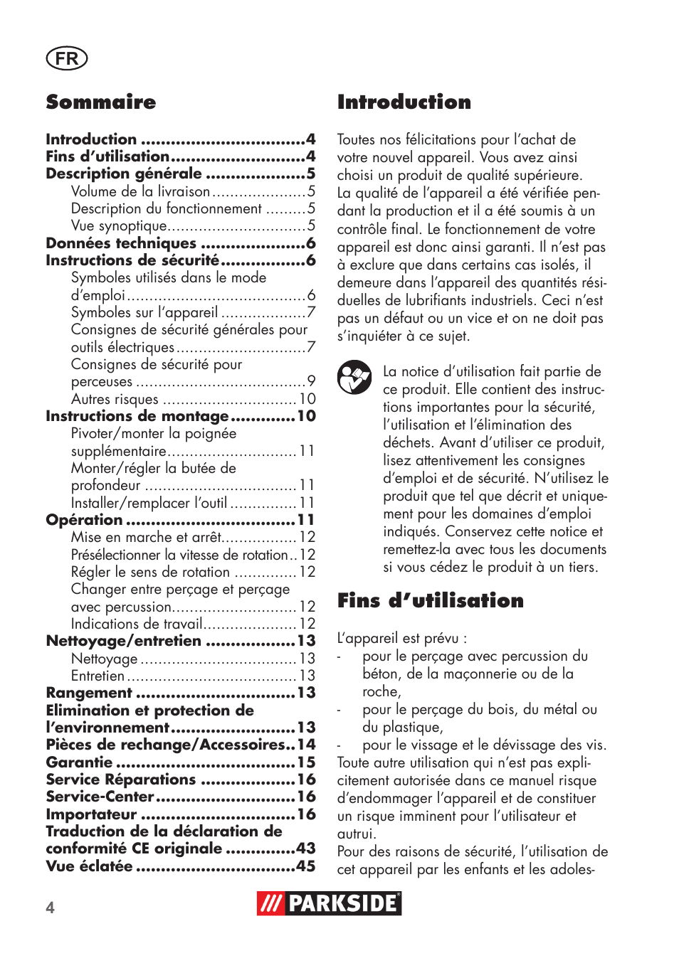 Sommaire, Introduction, Fins d’utilisation | Parkside PSBM 500 B3 User Manual | Page 4 / 48