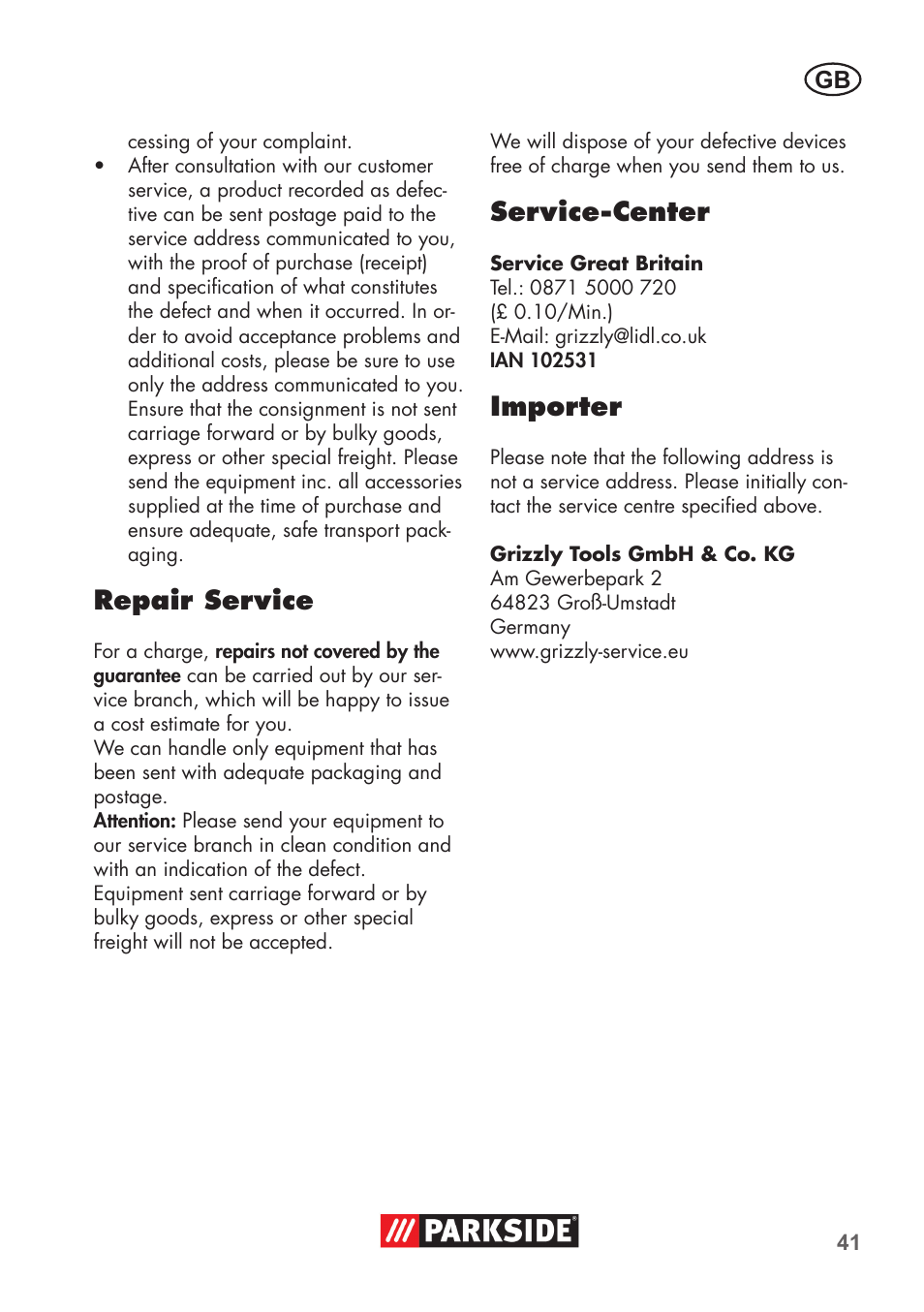 Repair service, Service-center, Importer | Parkside PSBM 500 B3 User Manual | Page 41 / 48