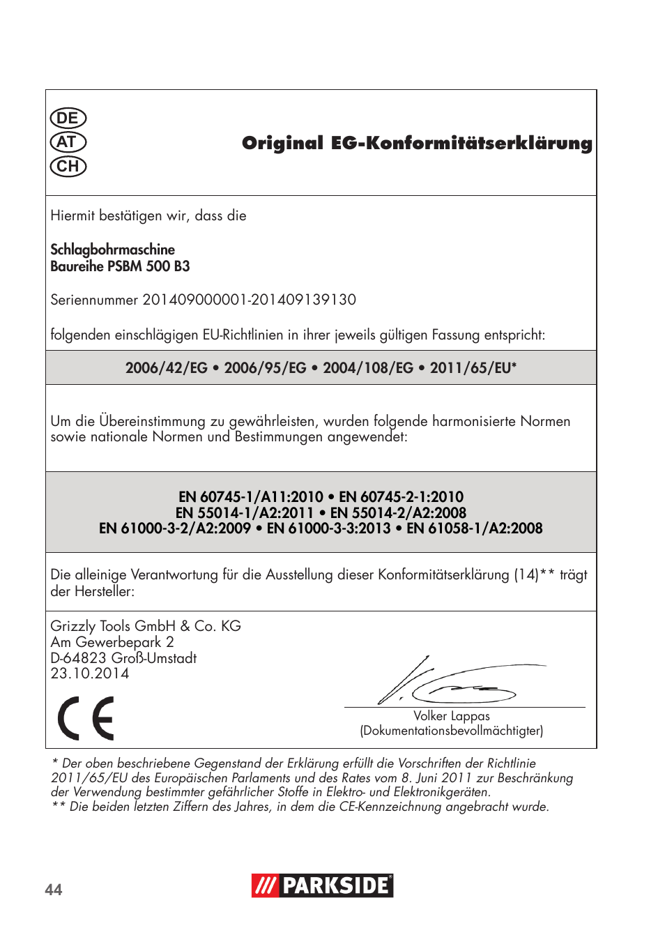 Original eg-konformitätserklärung | Parkside PSBM 500 B3 User Manual | Page 44 / 48
