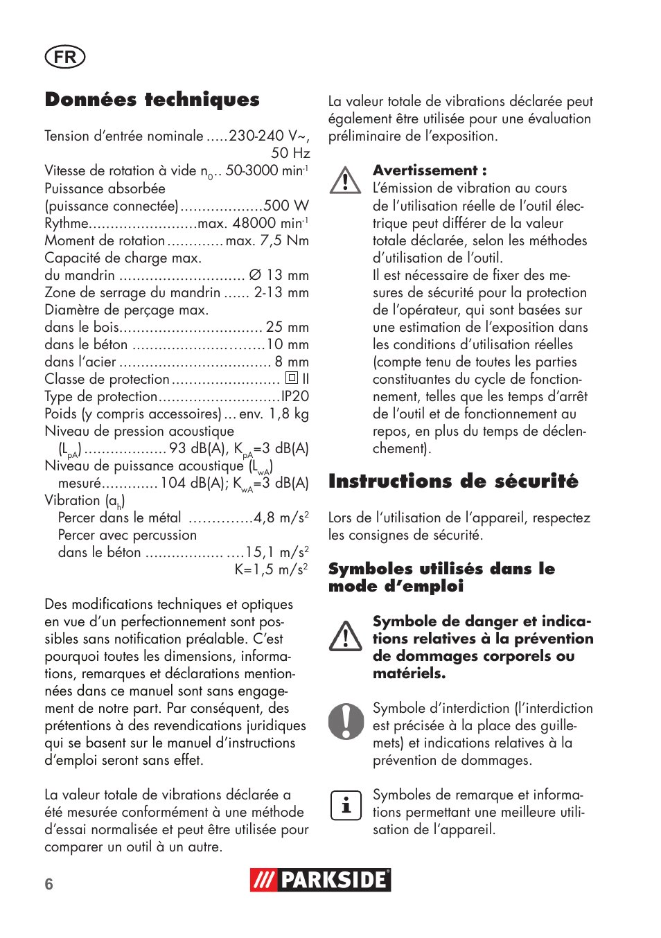 Données techniques, Instructions de sécurité | Parkside PSBM 500 B3 User Manual | Page 6 / 48