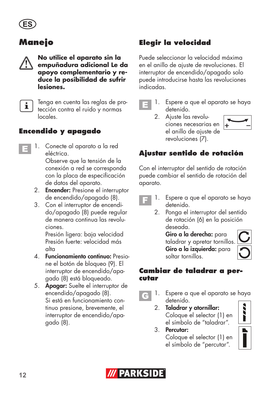 Manejo | Parkside PSBM 500 B3 User Manual | Page 12 / 60
