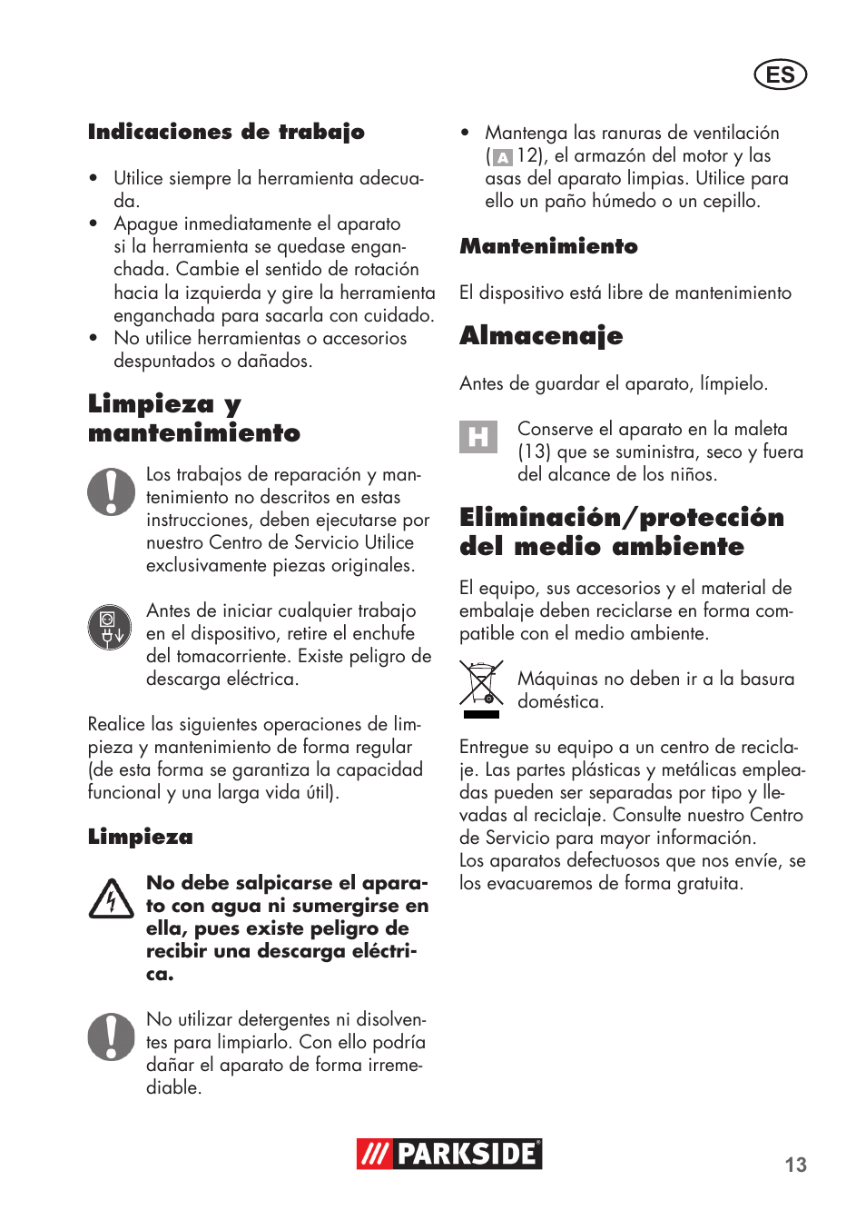 Limpieza y mantenimiento, Almacenaje, Eliminación/protección del medio ambiente | Parkside PSBM 500 B3 User Manual | Page 13 / 60