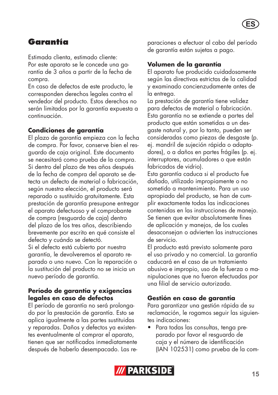 Garantía | Parkside PSBM 500 B3 User Manual | Page 15 / 60