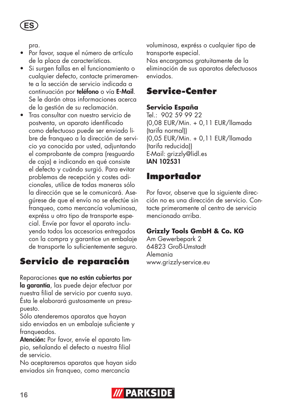 Servicio de reparación, Service-center, Importador | Parkside PSBM 500 B3 User Manual | Page 16 / 60