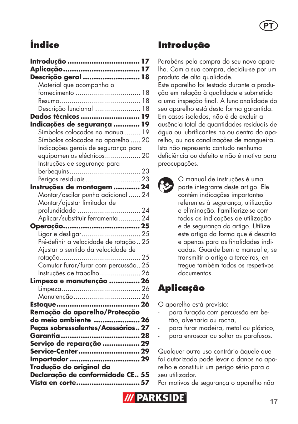 Índice, Introdução, Aplicação | Parkside PSBM 500 B3 User Manual | Page 17 / 60