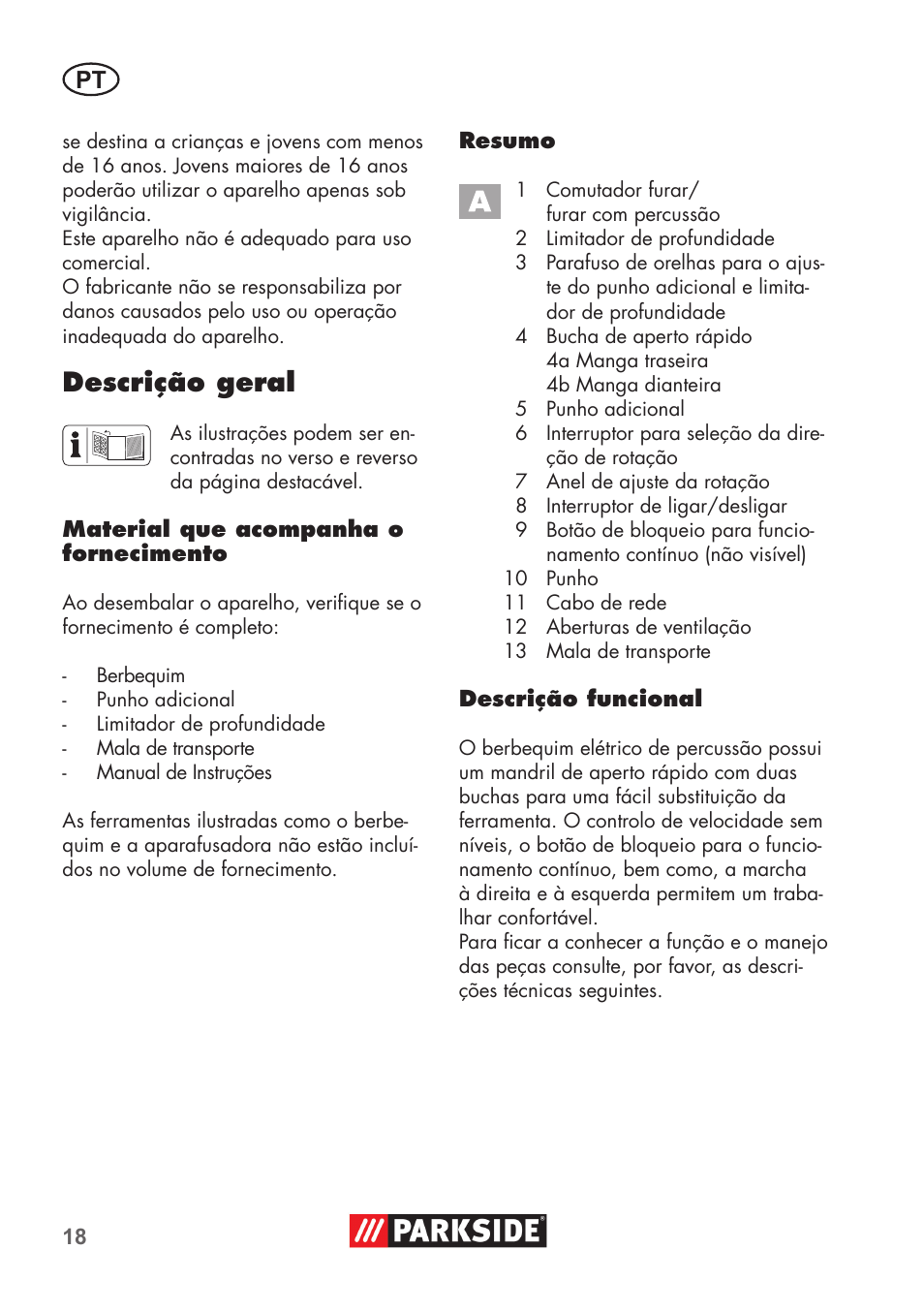 Descrição geral | Parkside PSBM 500 B3 User Manual | Page 18 / 60