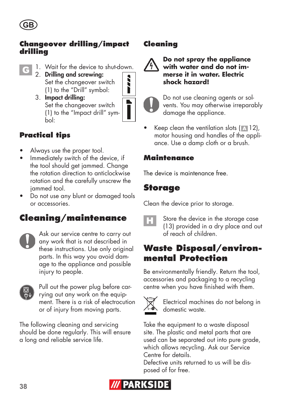 Cleaning/maintenance, Storage, Waste disposal/environ- mental protection | Parkside PSBM 500 B3 User Manual | Page 38 / 60