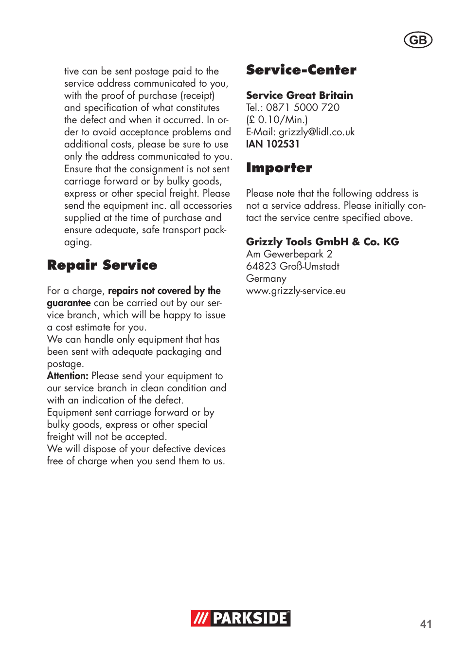 Repair service, Service-center, Importer | Parkside PSBM 500 B3 User Manual | Page 41 / 60