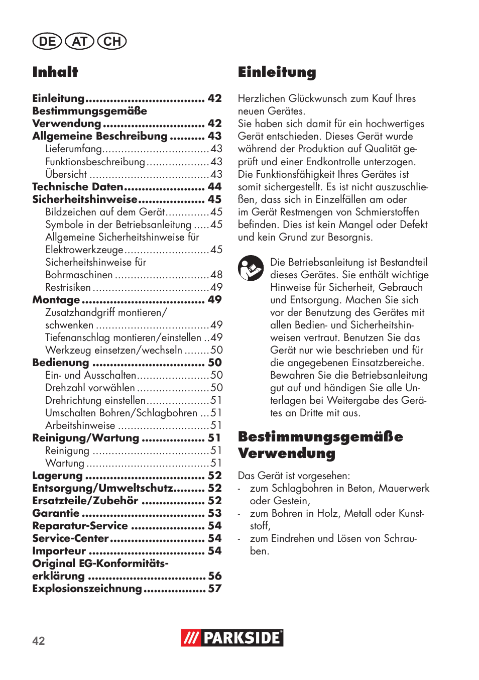 Einleitung, Bestimmungsgemäße verwendung, Inhalt | De at ch | Parkside PSBM 500 B3 User Manual | Page 42 / 60